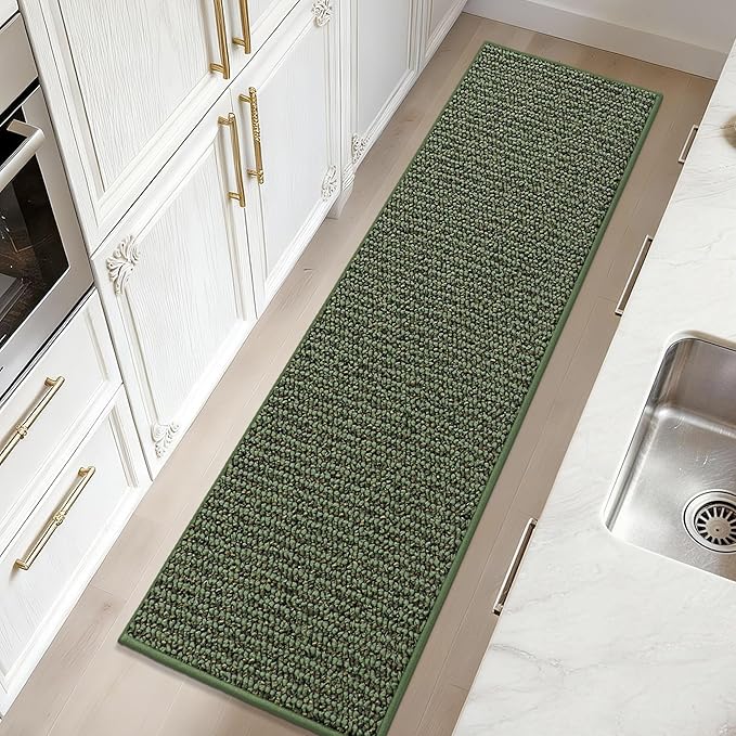 JSEI Kitchen Rugs and Mats, 2PCS Non-Slip Kitchen Mats for Floor, Machine Washable Absorbent and Stain Resistant Kitchen Runner, Carpet Mats with TPR Backing, 17''x30''+17''x60'', Green