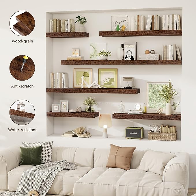 36 Inch Floating Shelves, 12" Deep Floating Shelf Wall Mounted, 36" Wall Shelves, Rustic Deep Bookshelf, Extra Deeper & Thicker Display Shelves for Bedroom, Living Room, Brown, Set of 2