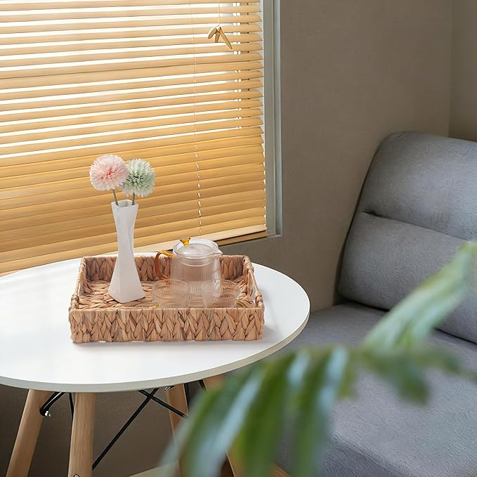 Water Hyacinth Rectangular Serving Tray for Coffee Table Natural Storage Baskets with Handles for Home and Kitchen Decor Set of 2