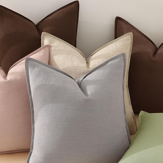 decorUhome Spring Decorative Linen Euro Sham Throw Pillow Covers 22x22 Inch Set of 2 Light Grey Pillow Covers with Flange Edges Soft Farmhouse Boho Accent Pillow Cases for Couch Bed Living Room