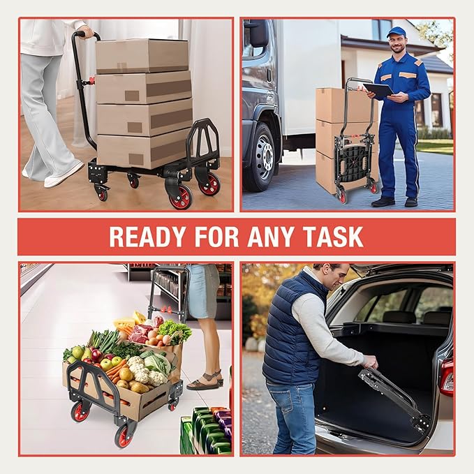 2-in-1 Hand Truck Dolly Foldable,330LB Folding Hand Truck Heavy Duty Carrying, Combination of 4 Wheels and 2 Wheels Convertible Dolly Cart with Retractable Handle cart for Moving Office Carts