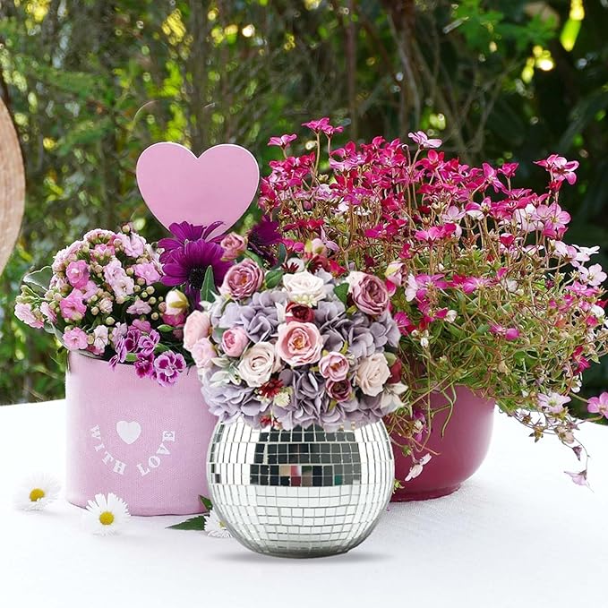 2 Pcs Disco Ball Vase,4.4 x 6 Inch Mirrored Disco Ball Planter,Disco Ball Candle Holders Perfect Disco Decorative Planters for Living Room Bedroom Dining Table Wedding Party Birthday