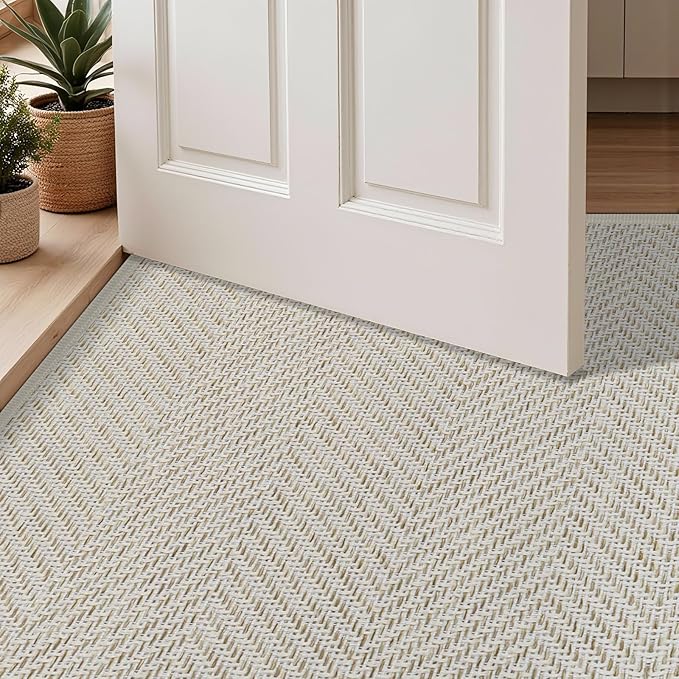 ENHASIV Ultra Thin Indoor Door Mat 24"x47", Washable Door Mat Indoor Entrance, Non Slip Rubber Backing Doormat Low-Profile Inside Entryway Mat, Unique Herringbone Design Entry Mat, Khaki (FOLD)