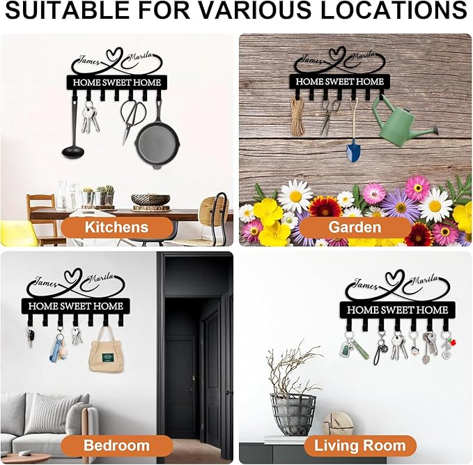 Custom Key Holder for Wall Personalized Metal Key Hook Key Organizer Rack Key Hanger Home Decor for Entryway, Garden, Bathroom, Kitchen, Garage (Heart)