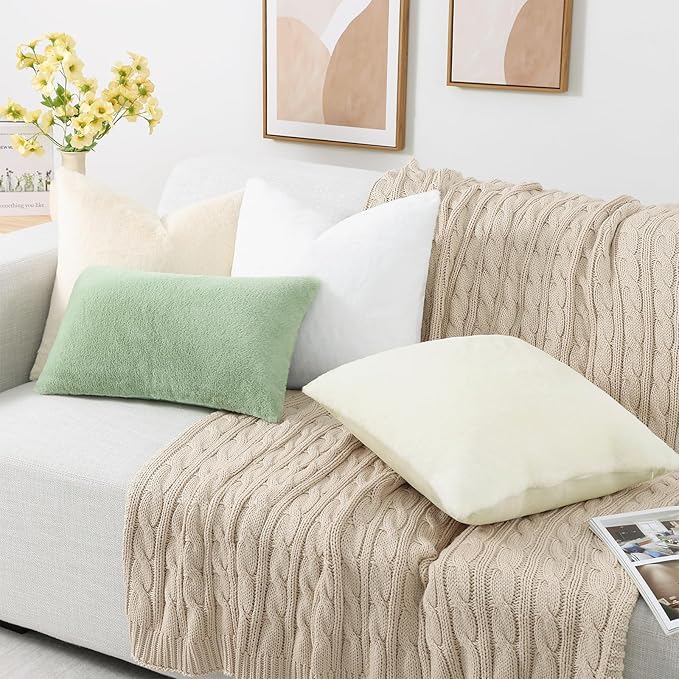 Pallene Faux Fur Plush Lumbar Throw Pillow Covers 12x20 Set of 2, Soft Fluffy Couch Pillow Covers for Living Room, Beige