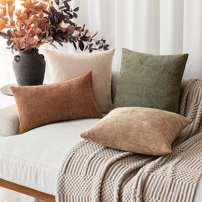 Foindtower Set of 2 Soft Textured Chenille Throw Decorative Pillow Covers Square Accent Solid Cushion Cover Cozy Neutral Farmhouse Pillow Case for Couch Sofa Bedroom Living Room 16x16 Inch,Cream Camel