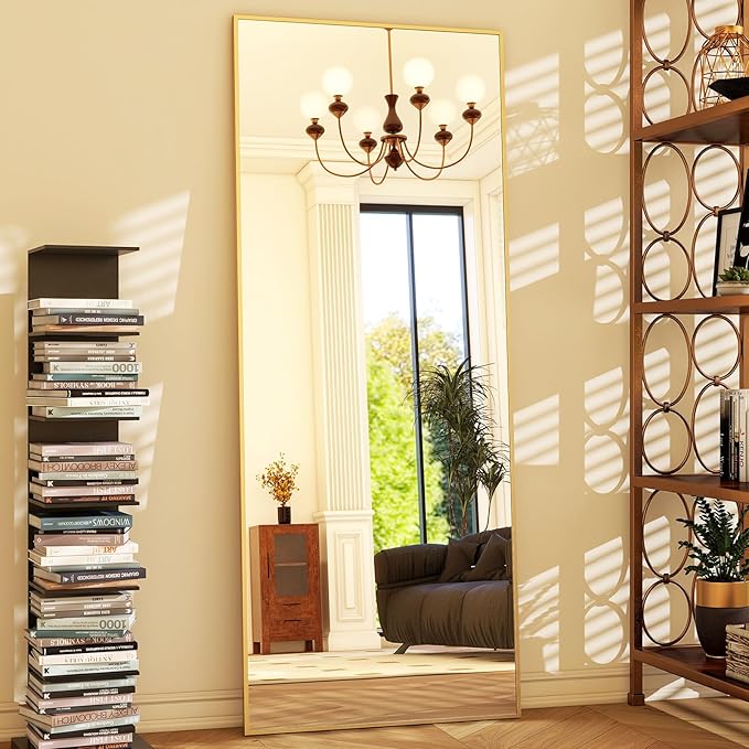 GLSLAND 64"x21" Full Length Mirror Big Standing Mirror Freestanding Hanging or Leaning Rectangle Floor Mirror Aluminum Alloy Thin Frame for Bedroom Living Room,Gold