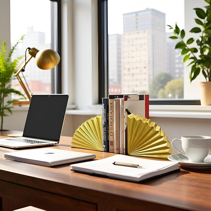 Golden Fan Shape Bookends Set of 2 – Elegant Resin Decorative Book Stoppers, Heavy Duty Modern Book Ends for Home Office Bookshelf Decor