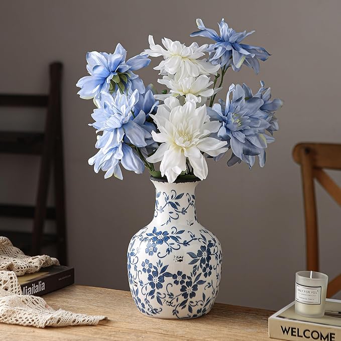 Blue and White Flower Vase Vintage Chinoiserie Floral Ceramic Vase Handcrafted Round Flower Vase for Home Decor Centerpieces Living Room, Bookshelf, Office Rustic Table Centerpiece 9 in