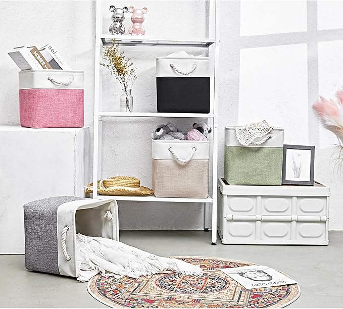 Fabric Storage Cubes, 11 inch cube storage bin with Handles, 11x11cube storage organizer bins, Collapsible Storage Bins for Shelves and Home, Cubby Storage Bins (white-khaki, 10.5x10.5x11in)