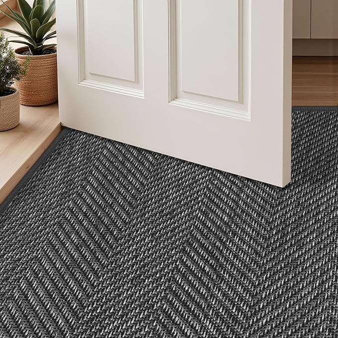 ENHASIV Ultra Thin Indoor Door Mat 24"x36", Washable Door Mat Indoor Entrance, Non Slip Rubber Backing Doormat Low-Profile Inside Entryway Mat, Unique Herringbone Design Entry Mat, Dark Grey (FOLD)