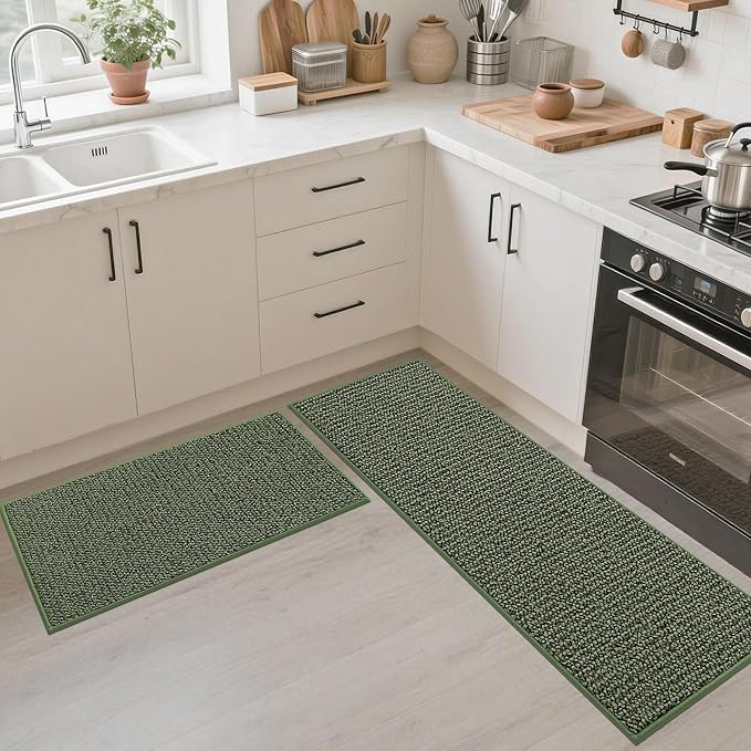 JSEI Kitchen Rugs, 17''x30'' Non-Slip Kitchen Mats for Floor, Machine Washable Absorbent and Stain Resistant Kitchen Runner, Carpet Mats with TPR Backing for Kitchen, Green