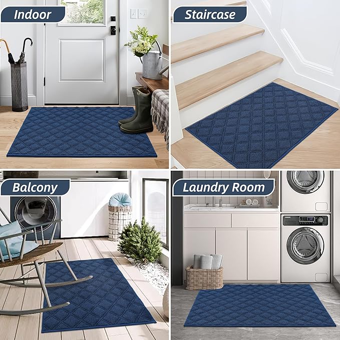 BEQHAUSE Dirt Trapper Door Mat 24" x 36", Non-Slip Washable Doormats Welcome Mat, Dirt Resistant and Absorbent Entrance Mat, Low Profile Floor Mats for Front Back Door, Entryway, Blue