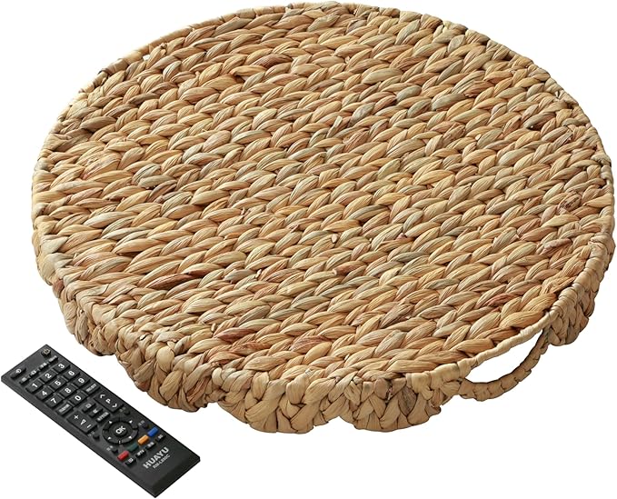 Extra Large Round Ottoman Table Tray 19.7" with Handles - Handmade Wicker Serving Hand Woven Tray for Farmhouse Decorative Oversized Coffee Table Trays Living Room Kitchen Counter Breakfast Scalloped