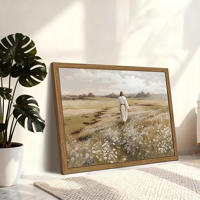 Framed Jesus Wall Art, Vintage Christian Canvas Wall Decor Pictures, Jesus Walking in Field Posters Prints, Rustic Religious Home Decor for Living Room Bedroom Church Prayer Room 16x24 Inch