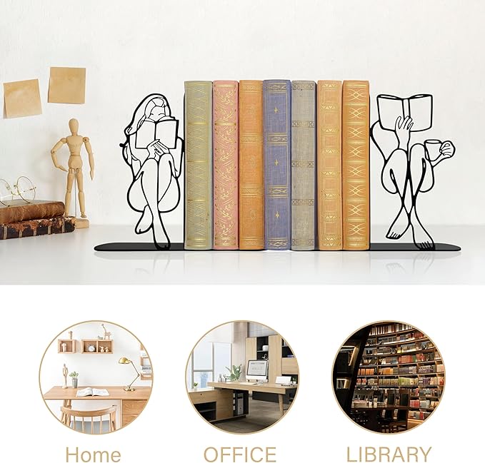 Reading Bookends Decorative for Shelves - Girl Reading Statue Bookends, Metal Black Book Ends Decor for Heavy Books, Novelty Bookish Decor for Home Library, Book Lovers Gift for Women & Students