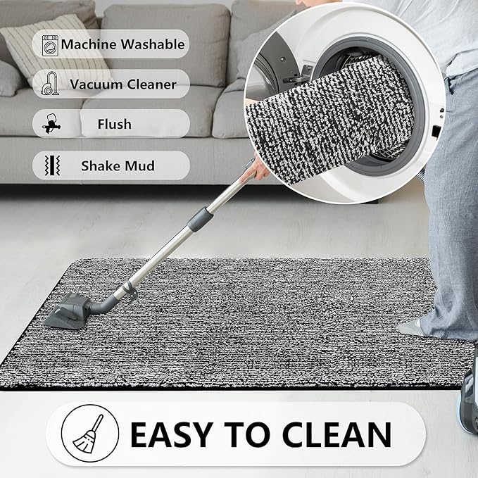 REFETONE Indoor Doormat, Front Door Mat 36"x60" Absorbent Rubber Backing Non Slip Back Door Mats, Washable Low-Profile Inside Floor Mat Door Rugs for Entryway, Resist Dirt Mud Mat for Dogs, Black