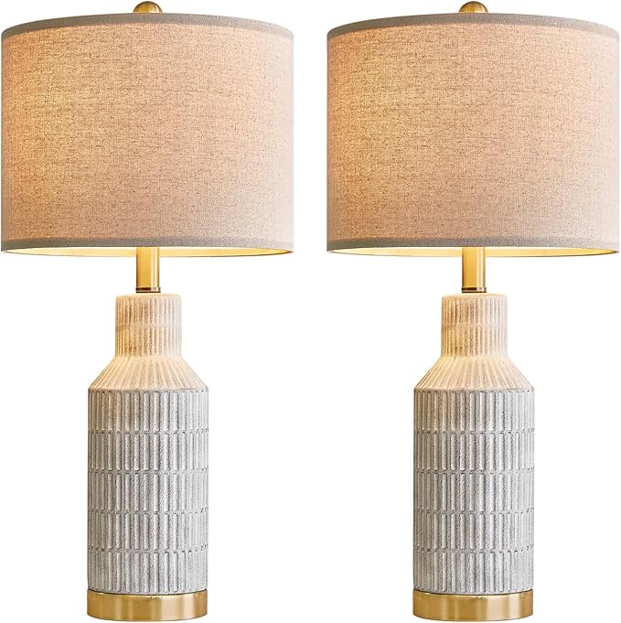 25" Table Lamps Set of 2 - Modern Bedside Lamps for Living Room - White Washed Ceramic Nightstand Lamps for Bedroom