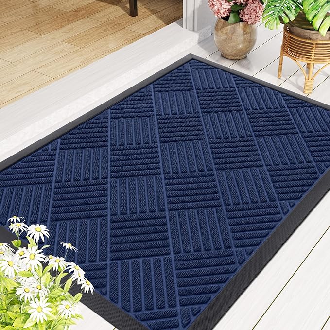 Smiry Front Door Mat Outside Entrance, Heavy Duty Outdoor Indoor Natural Rubber Doormat, Non Slip, Trap Dirt and Moisture, Easy Clean, Low Profile Patio Porch Entryway Mat, 47x23, Navy Blue