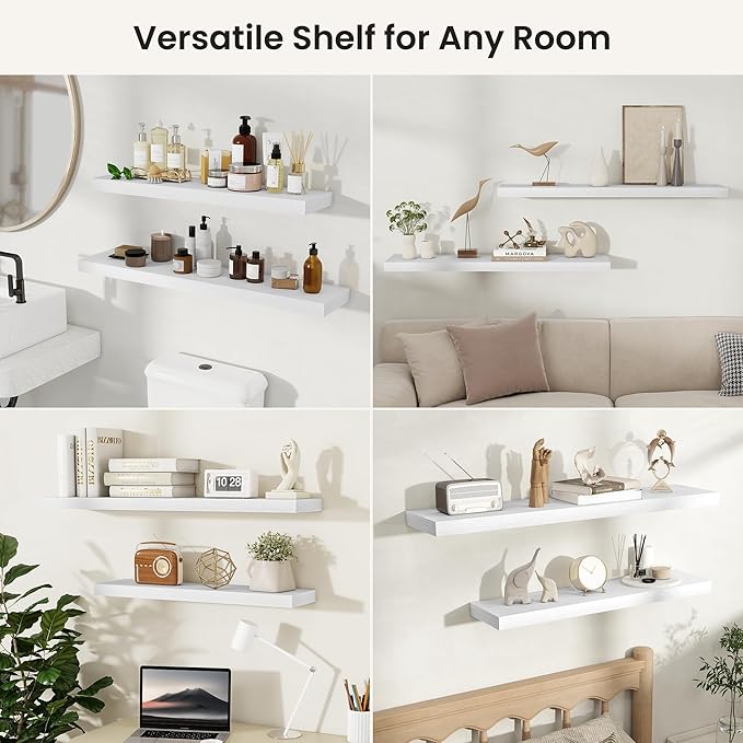 Fun Memories Rustic Floating Wall Shelves, Wall Mounted Wood Storage & Display Shelves for Bathroom, Bedroom, Living Room or Kitchen, (Set of 2, White, 48 in)