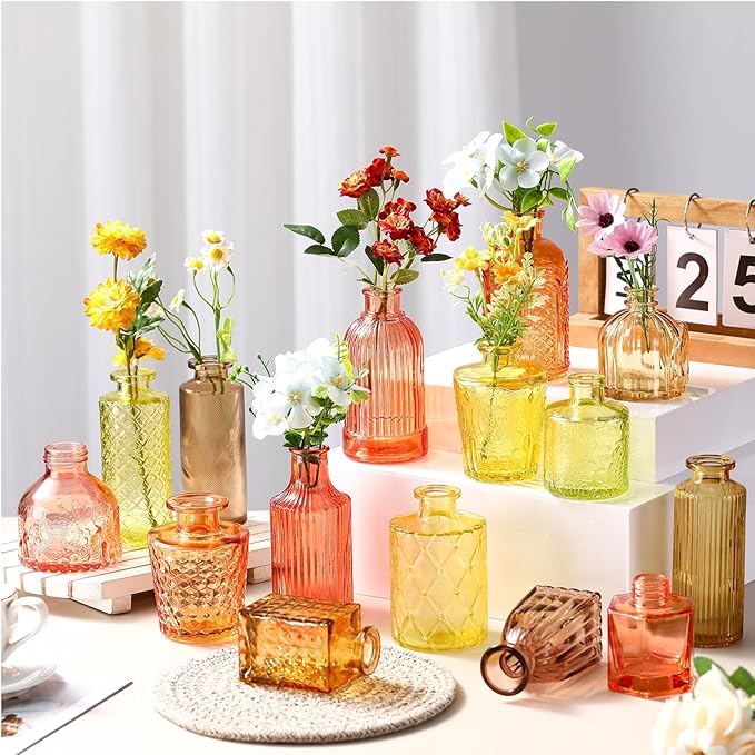 Yaomiao 30 Pcs Vases Bulk Colored Flower Glass Bud Vases Valentine Vintage Colored Glass Bottles Colorful Rustic Embossed for Home Wedding Table Decorations Gifts(Orange Yellow Series)