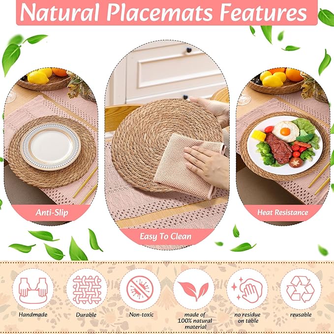 6 Sets Boho Placemats Round Woven Placemats, Cloth Napkins, Wood Bead Napkin Rings, Long Table Runner and Farmhouse Rustic Burlap Cotton for Kitchen Dining Table Home (Apricot Pink)