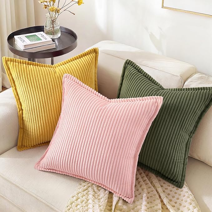 decorUhome Spring Corduroy Olive Green Euro Sham Throw Pillow Covers 24x24 Set of 2 Decorative Soft Boho Farmhouse Couch Pillow Covers for Living Room Bed Sofa Broadside Striped Pillow Cases
