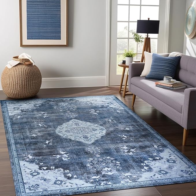Beverly Rug Non Slip Rugs 8x10 Boho Medallion Floral Non Skid Rubber Backing Easy Silk Soft Area Rug for Living Room Easy to Clean Non Shedding Kitchen Bedroom Indoor Carpet (8 x 10 Blue - Gray)