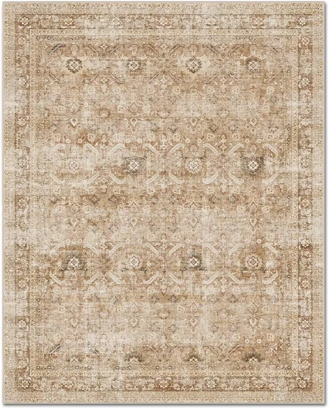 Washable 2x3 Entryway Rug, Boho Non-Slip Door Mat Vintage Distress Small Rugs for Kitchen Nursery Office Bedroom, 0.3" Neutral Oriental Throw Carpet with Cushioning Pad, Brown/White/Multi