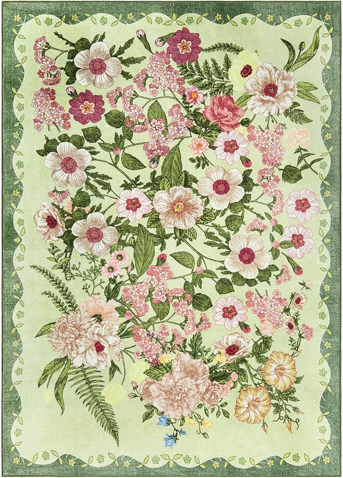 AREAMAY Floral Washable 5x7 Area Rugs - Living Room Rug Non Slip Low Pile Stain Resistant Carpets Indoor Vintage Flower Print Rug for Bedroom Dining Room Kitchen Home Office Green