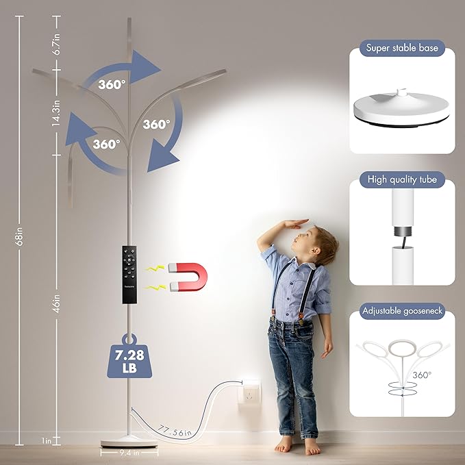 Cream White Floor Lamp,Super Bright Dimmable LED Lamps for Living Room, Custom Color Temperature Standing Lamp with Remote Push Button, Adjustable Gooseneck Reading Floor Lamp for Bedroom Office