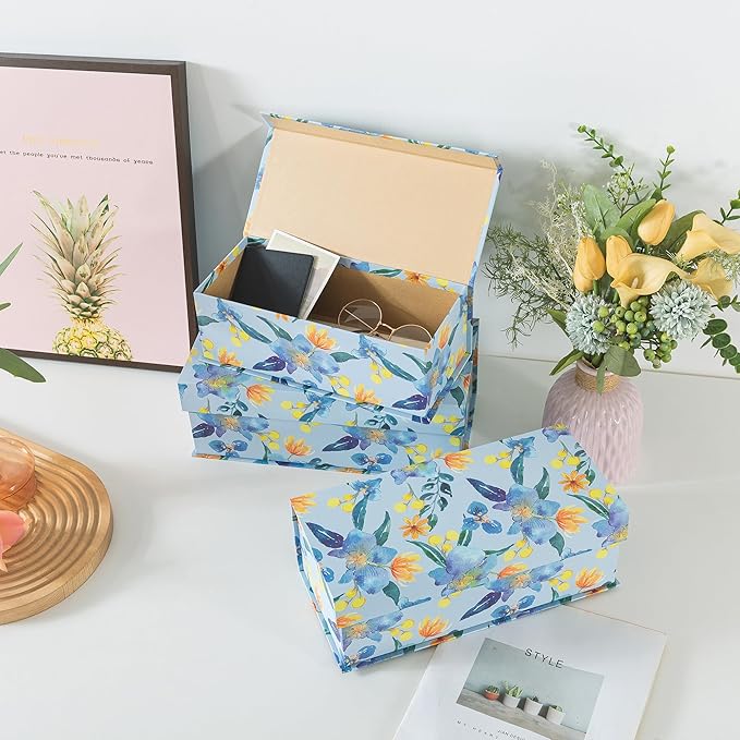 Soul & Lane Blue and Yellow Decorative Storage Boxes with Lids - Set of 3 - Sunlit Garden Delight: Floral Memory Keepsake Boxes with Magnetic Closure, Cardboard Storage for Photos, Organizing, Gifts