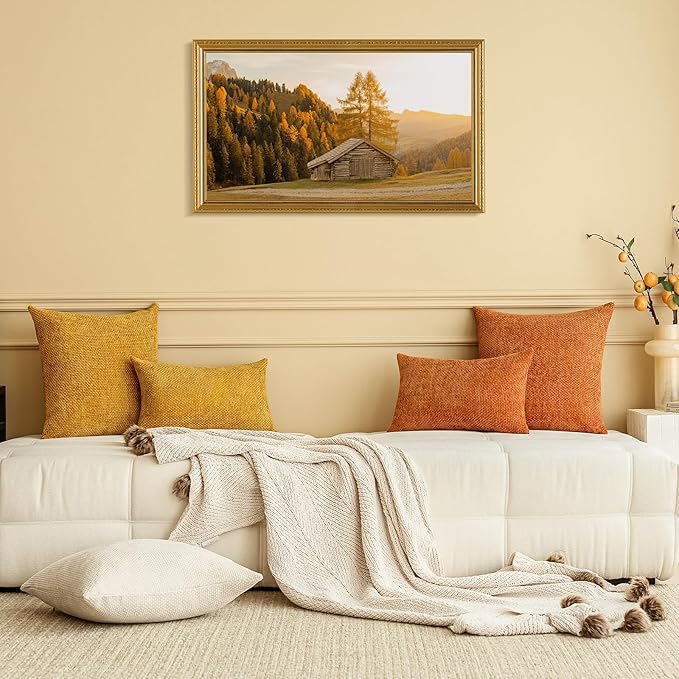 a moment Orange Chenille Throw Pillow Covers 18x18 Inch Pack of 2 Modern Decorative Throw Pillow Covers Farmhouse Cross Covers Home Decor for Sofa Bedroom Living Room