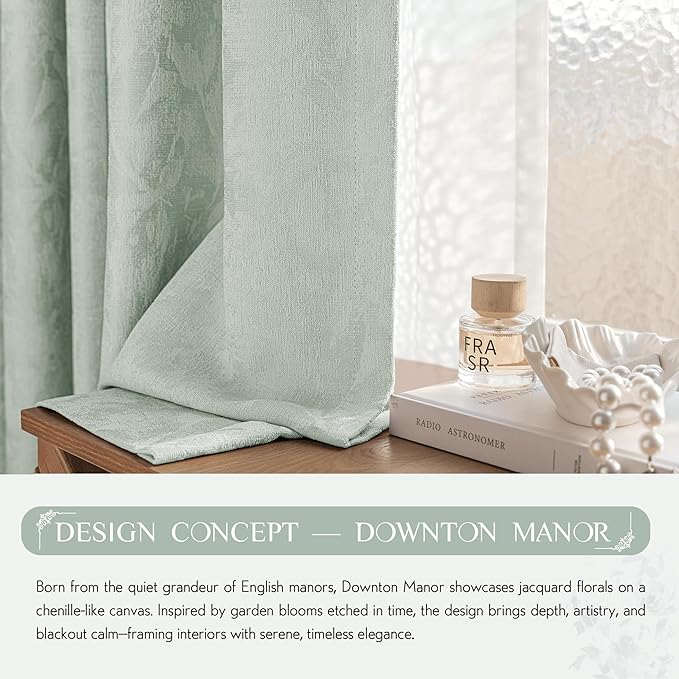 Beauoop Green Floral Jacquard Blackout Curtains 63 Inches Long 2 Panels for Bedroom Living Room Sage Flower Chenille Room Darkening Thermal Insulated Soundproof Grommet Window Treatments Drapes, 52x63