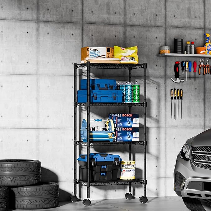 DUMOS 4 Tier Metal Shelving, Heavy Duty Shelves Wire Shelving Unit with Removable Wheel Casters, Shelves Organizer for Bathroom Garage Living Room Kitchen Pantry Laundry