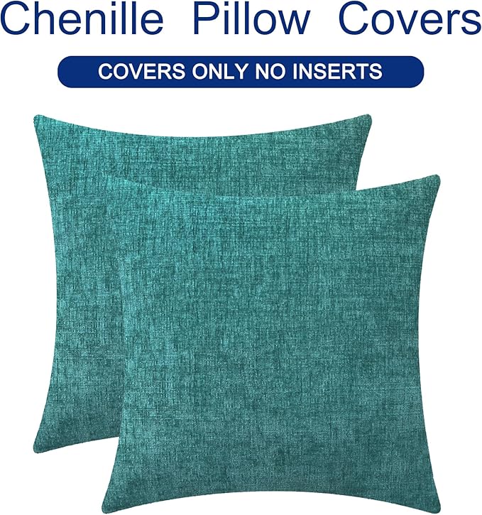 CaliTime Throw Pillow Covers Decorative 22 X 22 Inches Pack of 2 Cozy Chenille Cushion Cases for Couch Sofa Bed Living Room Home Teal