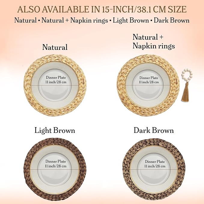 Round Woven Placemats Set of 6 (14 Inch) with Napkin Rings & Canvas Bag β Water Hyacinth Boho Farmhouse Table Mats, Heat Resistant Natural Wicker Chargers for Dining Table Decor by DECHUSE