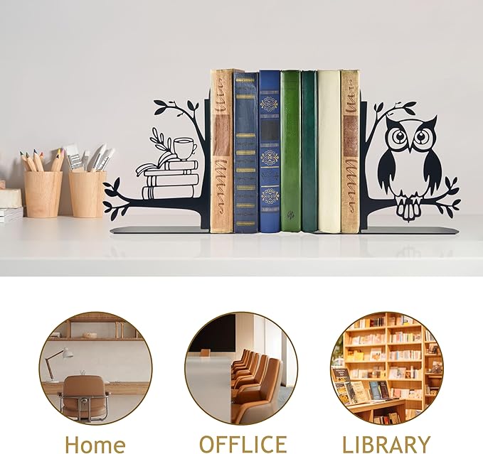 Owl and Books Metal Bookends Cute Owl Book Ends for Shelves Bookshelf Decorative Objects Home Office Desk Gift for Owl Lover(Black)