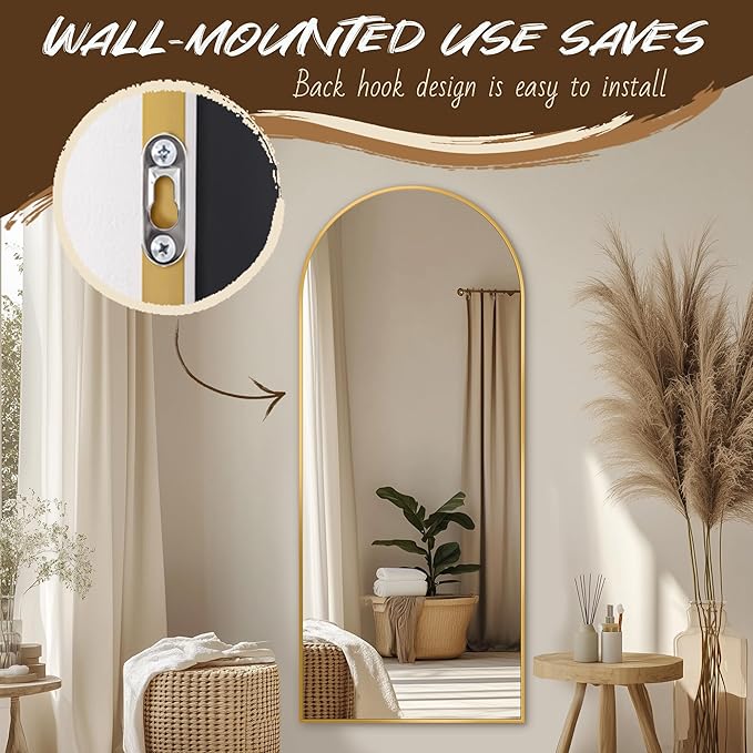 Antok Full Length Mirror, 58"x18" Arched Floor Mirror, Mirror Full Length with Stand, Wall Mounted Mirrors for Living Room Bedroom, Gold
