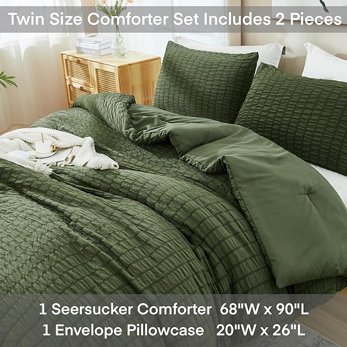 AveLom Dark Olive Green Seersucker Twin Comforter Set (68x90 inches), 2 Pieces-100% Soft Washed Microfiber Lightweight Comforter with 1 Pillowcase, All Season Down Alternative Bedding Set