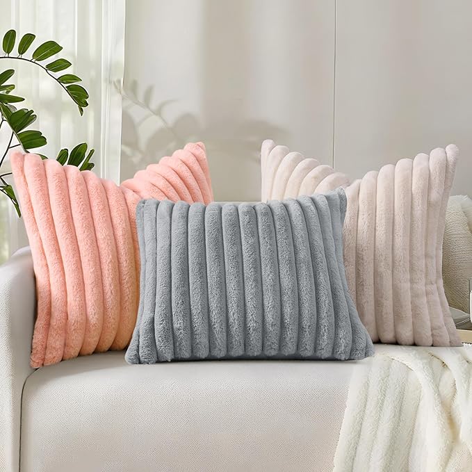 decorUhome Faux Fur Spring Throw Pillow Covers 20x20 Set of 2, Decorative Soft Plush Striped Neutral Couch Pillow Covers with Velvet Back for Sofa, Bed, Living Room Home, Grey