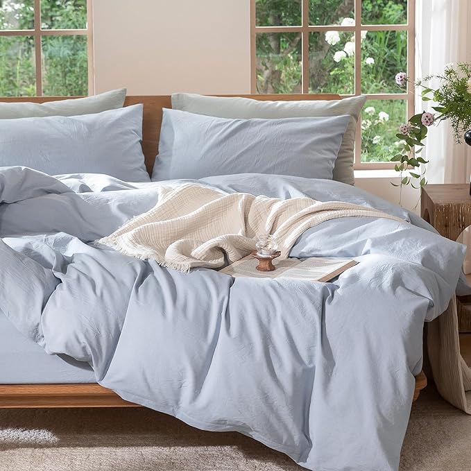 MooMee Bedding Duvet Cover Set 100% Washed Cotton Linen Like Textured Breathable Durable Soft Comfy (Heathered Cornflower Blue, Twin 68"x90")