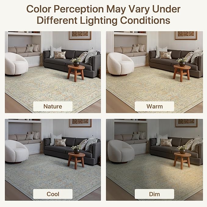 GENIMO 5x7 Area Rug for Living Room, Washable Vintage Floral Low-Pile Non-Slip Carpet for Bedroom Dining Room, Stain Resistant Botanical Accent Rug (Beige)