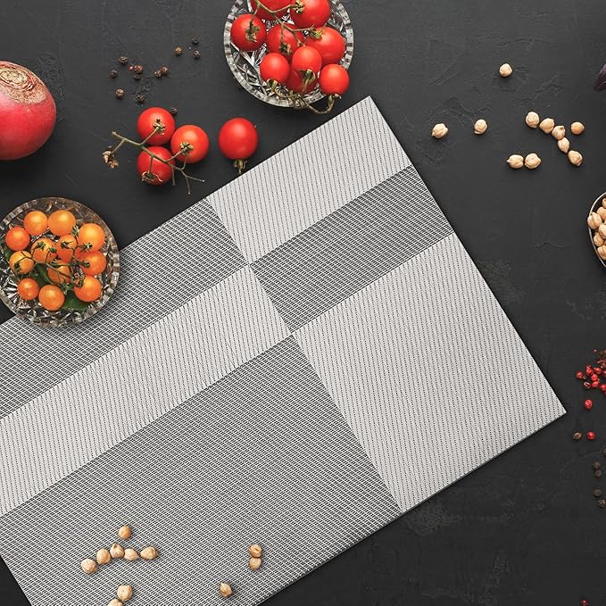 Placemats Set of 4 Vinyl Washable White Gray Placemats, 18"x12" Wipeable Heat-Resistant Non-Slip Easy Clean Table Mats Ideal for Dining Table Table Runner and Outdoor (4, White Square)