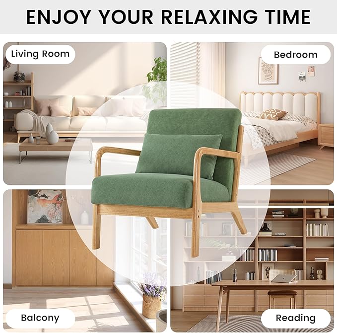 Aunekiv Accent Chair with Pillow Upholstered Mid-Century Chair Living Room Chair for Small Space Solid Wood Frame Reading Chair with Soft and Thick Cushion Armchair for Bedroom Balcony DarkGreen 1PC
