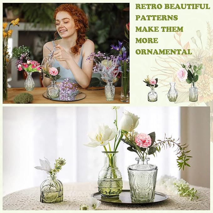 Inbagi 20 Pcs Glass Bud Vase Set - Green Small Flower Vases Bulk, Vintage Embossed Decorative Bottles for Wedding Valentine Home Table Centerpieces Decor