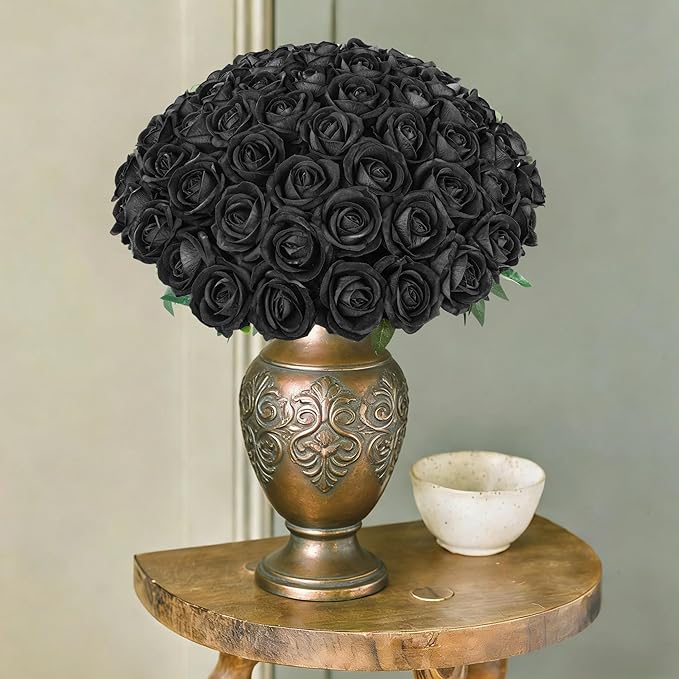 50 PCS Black Roses Artificial Flowers, Fake Roses with Stem Realistic Silk Roses for DIY Wedding Bouquets Table Centerpieces Arrangements Baby Shower Birthday Home Decor Valentine's Day Gift for Her