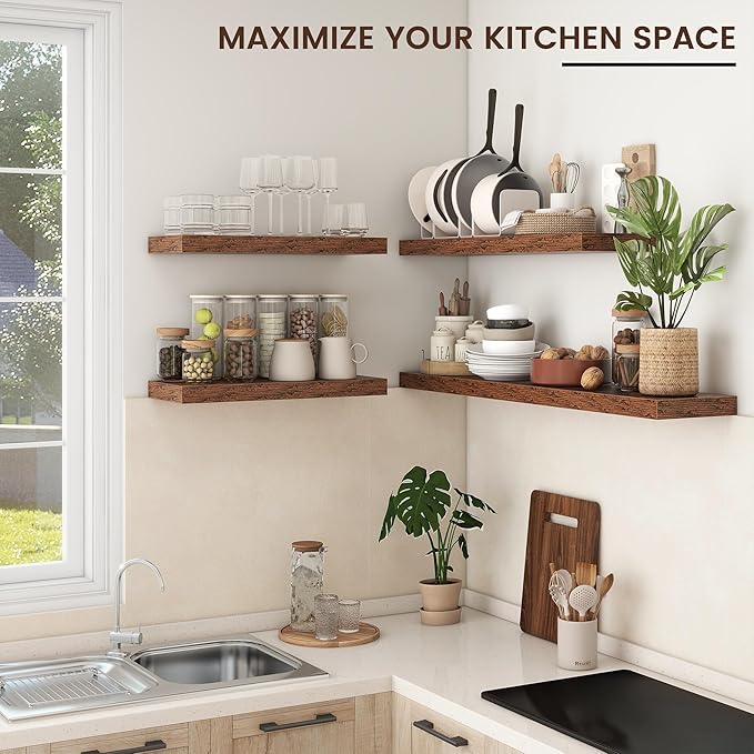 Floating Shelves for Wall, Engineered Wood Wall Shelves with Invisible Brackets for Living Room Bedroom Bathroom Office Kitchen Decor and Storage (Brown, 24" W x 9" D x 1.5" H) Set of 2