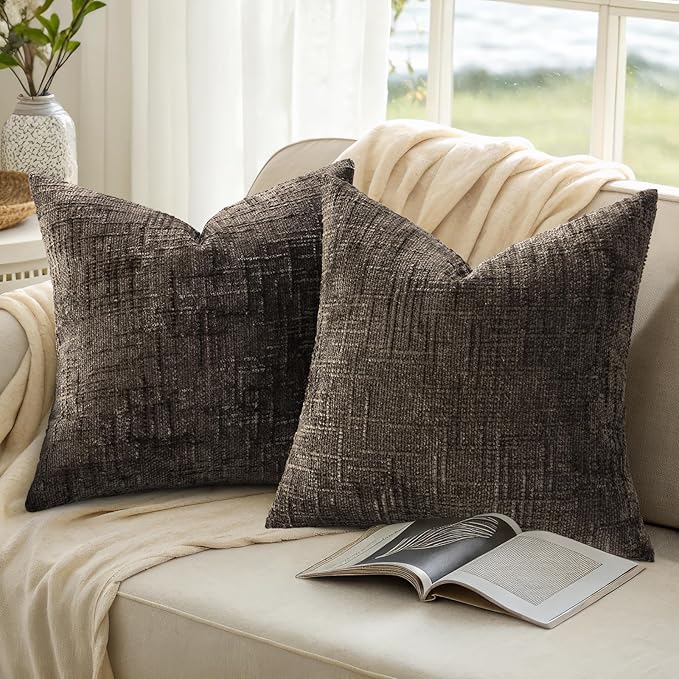 decorUhome Spring Dark Brown Chenille Throw Pillow Covers 18x18 Set of 2 Textured Slubby Couch Pillow Covers Farmhouse Accent Modern Neutral Decorative Pillow Cases for Bed Sofa Living Room