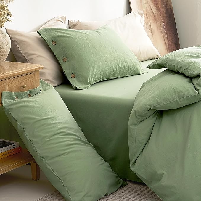 JELLYMONI 100% Washed Cotton Duvet Cover Full – Soft, Breathable Linen-Look Bedding with Natural Wrinkle Texture, Button Closure, 3-Piece Set (Mint Green, 80"x90")